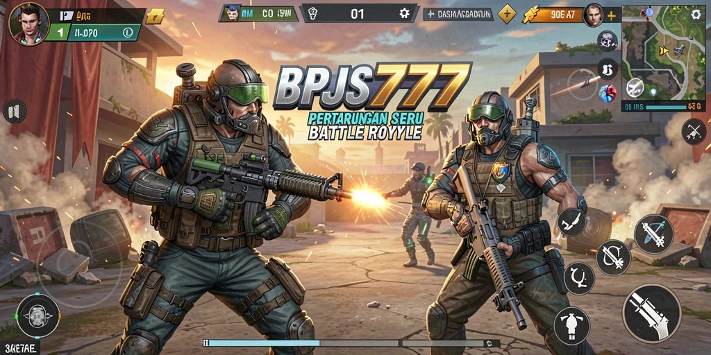 Screenshot utama BPJS777 menampilkan aksi seru dalam pertarungan Battle Royale.