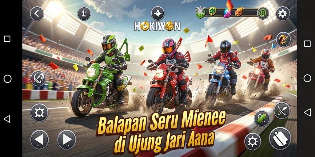 Screenshot HOKIWON menampilkan aksi balapan yang mendebarkan.