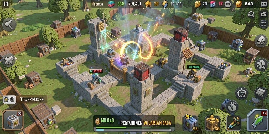 Tampilan gameplay seru dari MILO4D dengan menara dan strategi pertahanan.