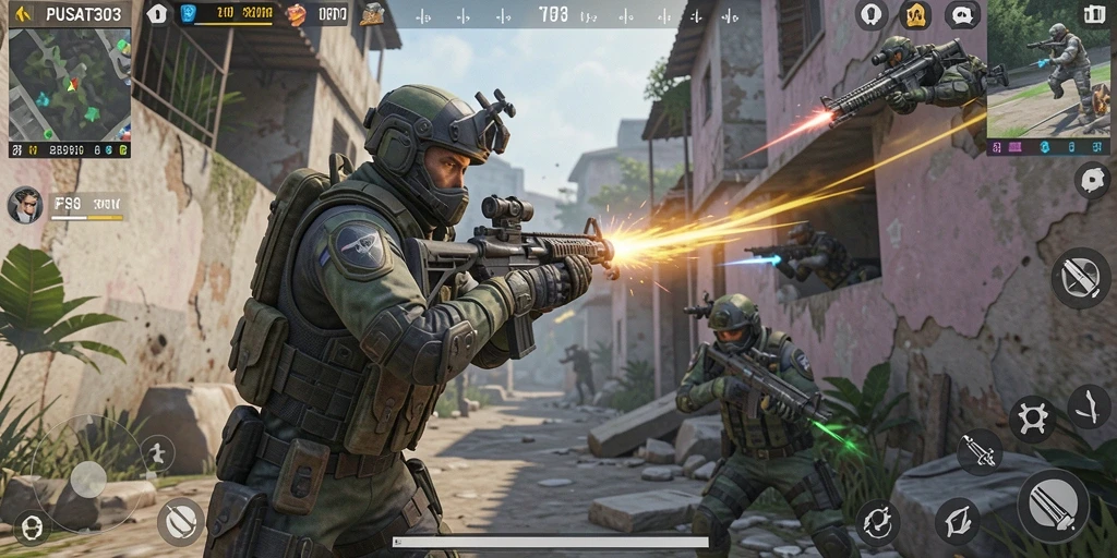 Screenshot utama PUSAT303 menampilkan aksi intense dalam gameplay FPS.