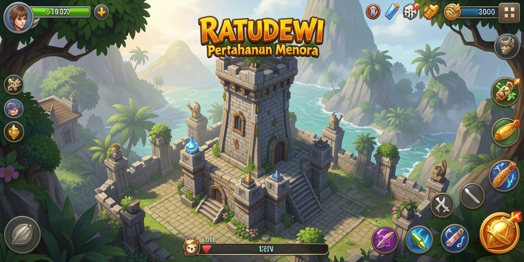 Tampilan gameplay menantang dari RATUDEWI dengan pertahanan menara strategis.