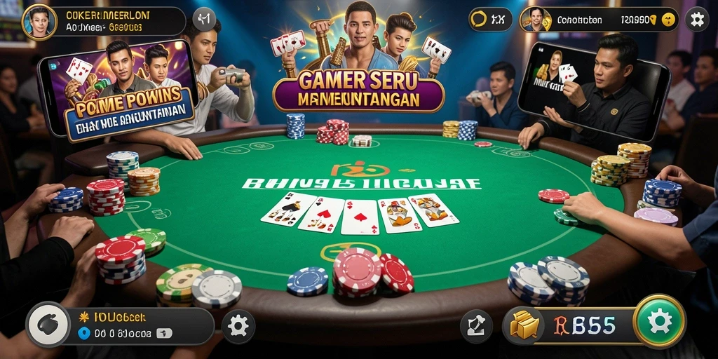 Tampilan gameplay seru dari RK55 dengan kartu poker yang menantang.