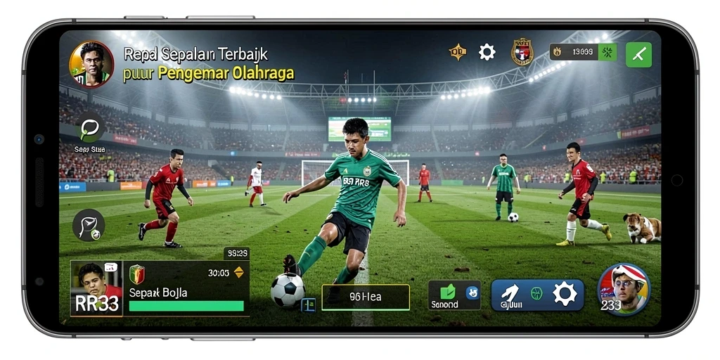 Screenshot gameplay dinamis dari RR33 menampilkan aksi sepak bola yang mendebarkan.