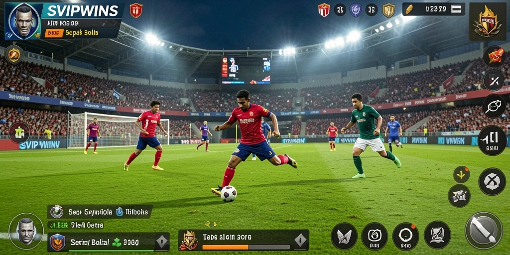 Tangkapan layar gameplay SVIPWINS yang menggambarkan aksi seru dalam sepak bola.